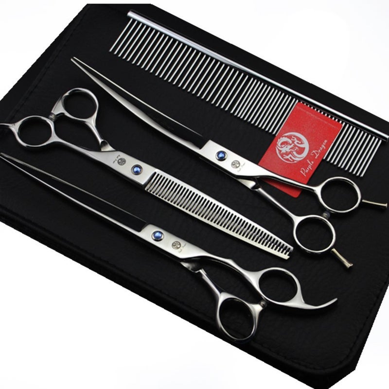 Purple Dragon 8 inch 3 in 1 Professional Pet Grooming Thinning Scissors - Upward Curved Shears and Dog Hair Cutting Scissor - Perfect for Pet Groomer or Family DIY Use (Silver) - Image 1